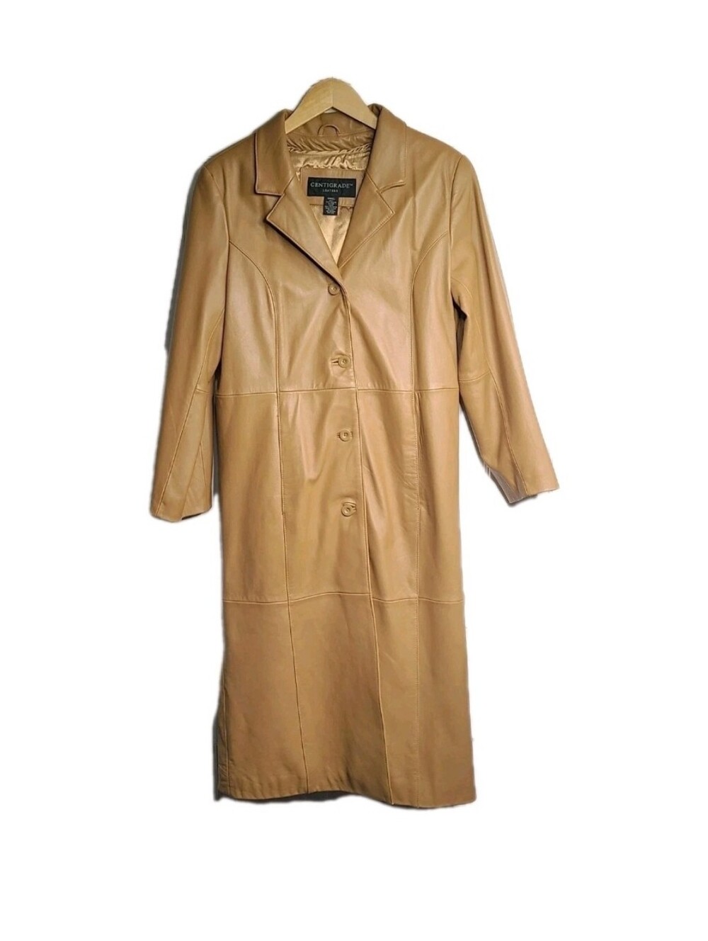 Centigrade Long Trench Over Coat Womens Small Leather Tan Button - Lined